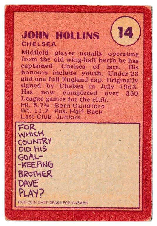 A&BC - 'Footballers (1974/75)' (1974) - John Hollins (Chelsea) A&BC - 'Footballers (1974/75)' (1974) - John Hollins (Chelsea)