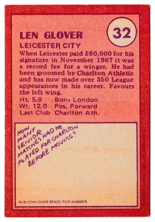A&BC - 'Footballers (1974/75)' (1974) - Len Glover (Leicester City) A&BC - 'Footballers (1974/75)' (1974) - Len Glover (Leicester City)