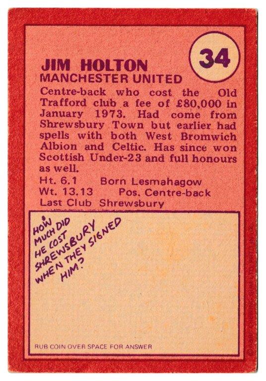 A&BC - 'Footballers (1974/75)' (1974) - Jim Holton (Manchester United) A&BC - 'Footballers (1974/75)' (1974) - Jim Holton (Manchester United)