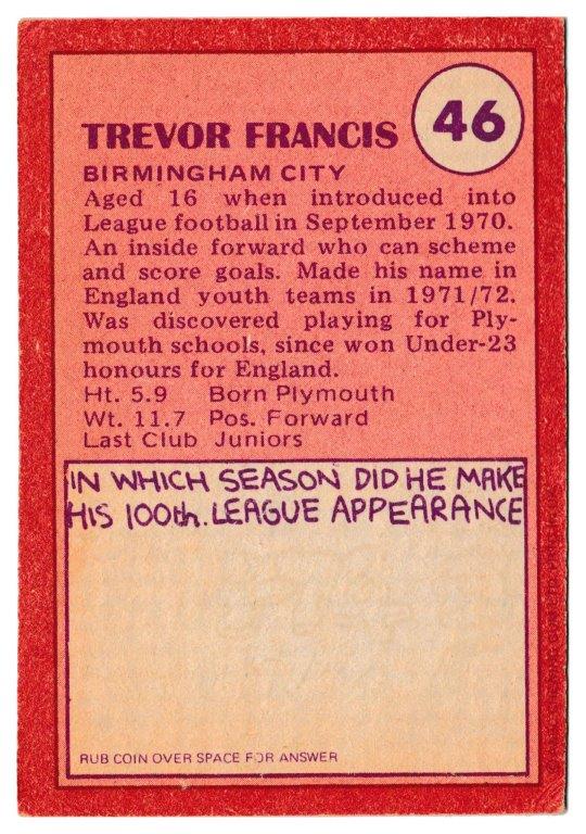 A&BC - 'Footballers (1974/75)' (1974) - Trevor Francis (Birmingham City) A&BC - 'Footballers (1974/75)' (1974) - Trevor Francis (Birmingham City)