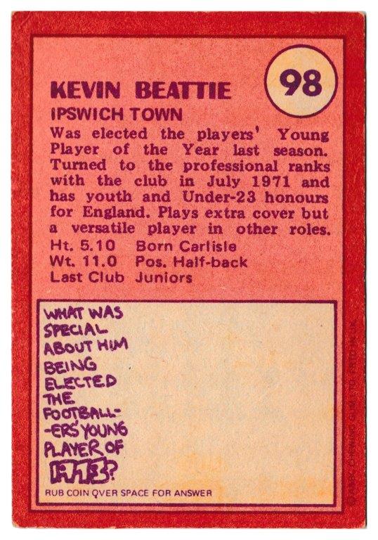 A&BC - 'Footballers (1974/75)' (1974) - Kevin Beattie (Ipswich Town) A&BC - 'Footballers (1974/75)' (1974) - Kevin Beattie (Ipswich Town)