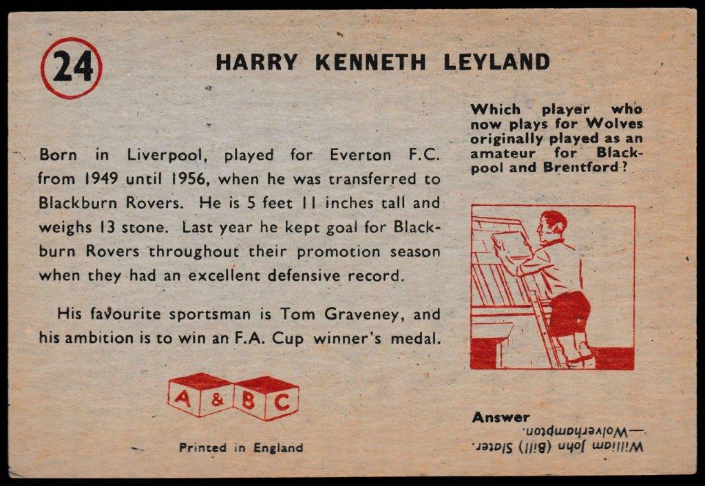 A&BC - 'Footballers (1958/59 Planet)' (1958) - Harry Leyland (Blackburn) A&BC - 'Footballers (1958/59 Planet)' (1958) - Harry Leyland (Blackburn)
