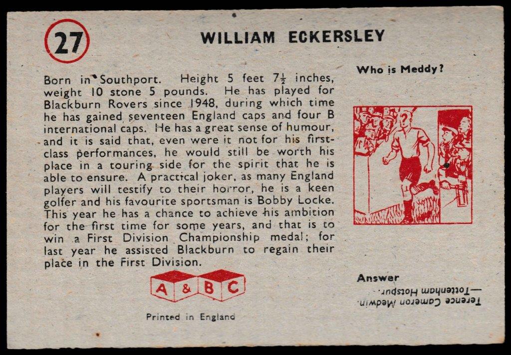 A&BC - 'Footballers (1958/59 Planet)' (1958) - William Eckersley (Blackburn) A&BC - 'Footballers (1958/59 Planet)' (1958) - William Eckersley (Blackburn)