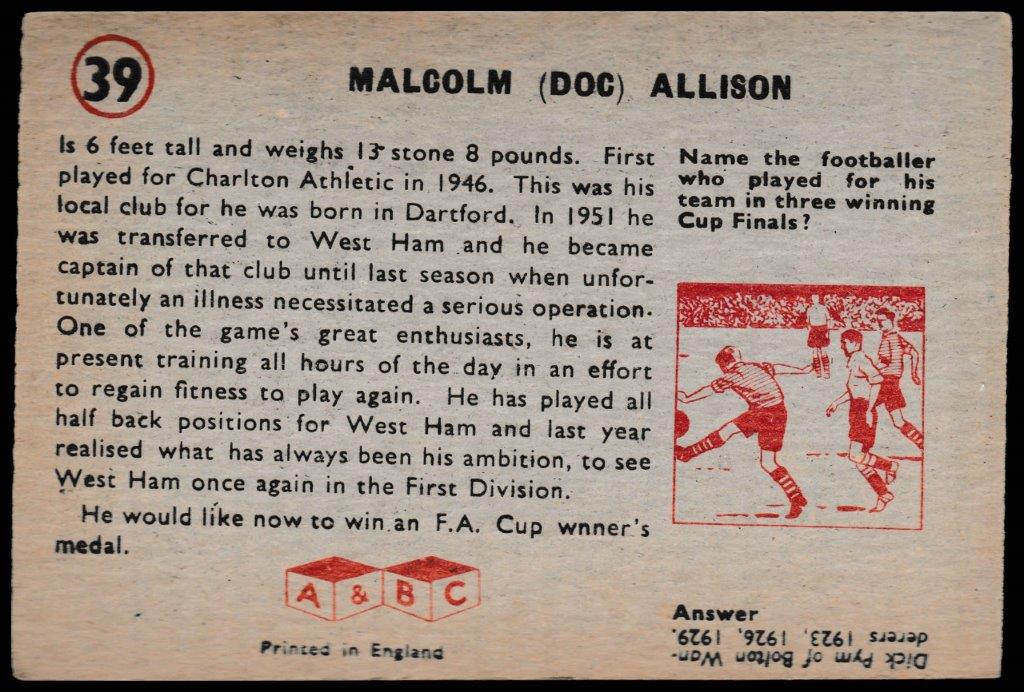 A&BC - 'Footballers (1958/59 Planet)' (1958) - Malcolm Allison (West Ham) A&BC - 'Footballers (1958/59 Planet)' (1958) - Malcolm Allison (West Ham)