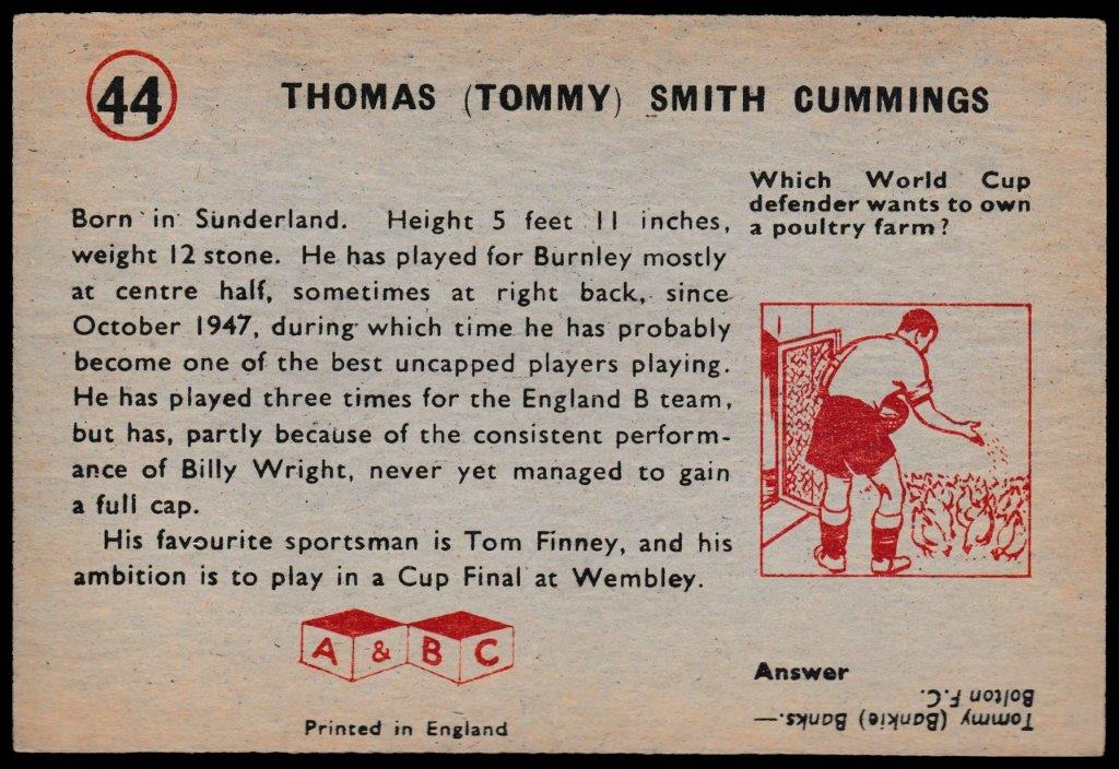 A&BC - 'Footballers (1958/59 Planet)' (1958) - Thomas Cummings (Burnley) A&BC - 'Footballers (1958/59 Planet)' (1958) - Thomas Cummings (Burnley)