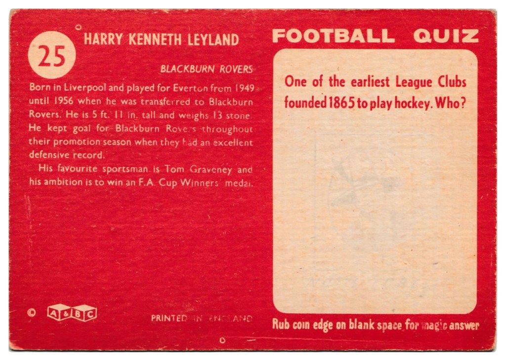 A&BC - 'Footballers (1959/60 - Series 1)' (1959) - Harry Leyland (Blackburn Rovers) A&BC - 'Footballers (1959/60 - Series 1)' (1959) - Harry Leyland (Blackburn Rovers)