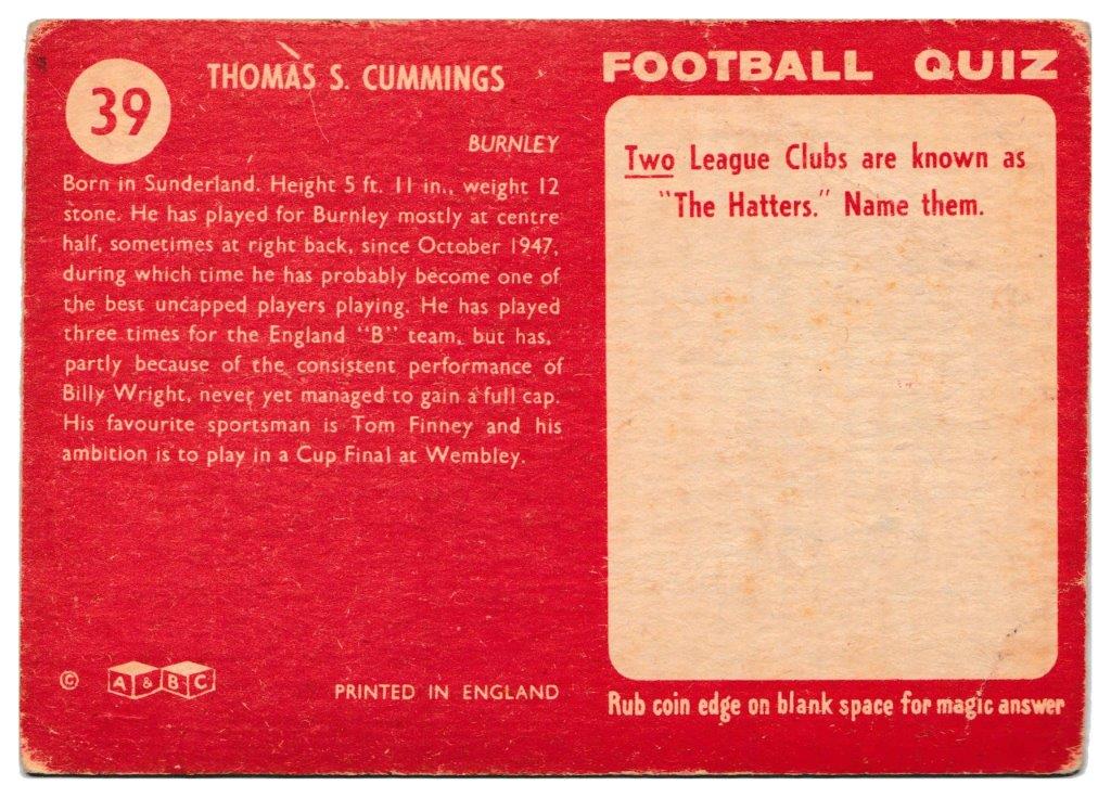 A&BC - 'Footballers (1959/60 - Series 1)' (1959) - Tom Cummings (Burnley) A&BC - 'Footballers (1959/60 - Series 1)' (1959) - Tom Cummings (Burnley)