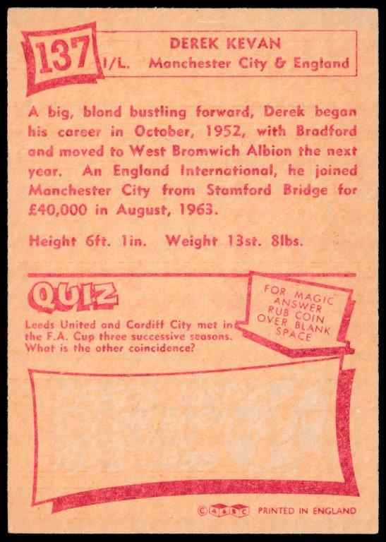 A&BC - 'Footballers (1964/65 - English Series 3) Card #137 - Derek Kevan (Man City) A&BC - 'Footballers (1964/65 - English Series 3) Card #137 - Derek Kevan (Man City)
