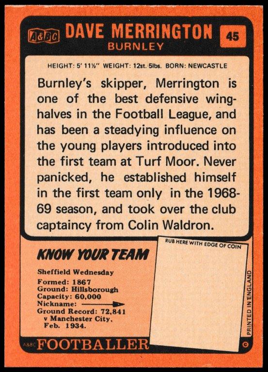 A&BC - 'Footballers (1970/71 - English Series 1)' - Card #45 - Dave Merrington (Burnley) A&BC - 'Footballers (1970/71 - English Series 1)' - Card #45 - Dave Merrington (Burnley)