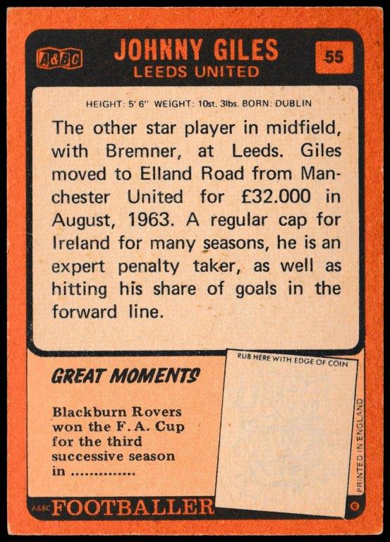 A&BC - 'Footballers (1970/71 - English Series 1)' - Card #55 - Johnny Giles (Leeds Utd) A&BC - 'Footballers (1970/71 - English Series 1)' - Card #55 - Johnny Giles (Leeds Utd)