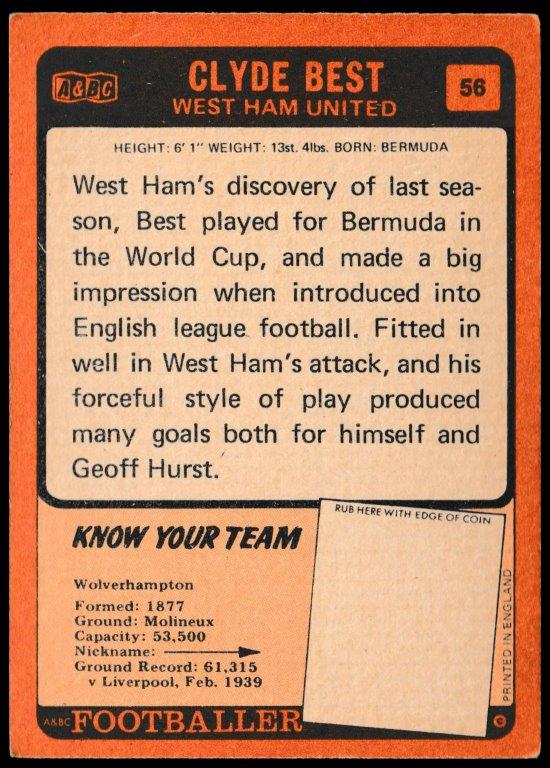 A&BC - 'Footballers (1970/71 - English Series 1)' - Card #56 - Clyde Best (West Ham Utd) A&BC - 'Footballers (1970/71 - English Series 1)' - Card #56 - Clyde Best (West Ham Utd)