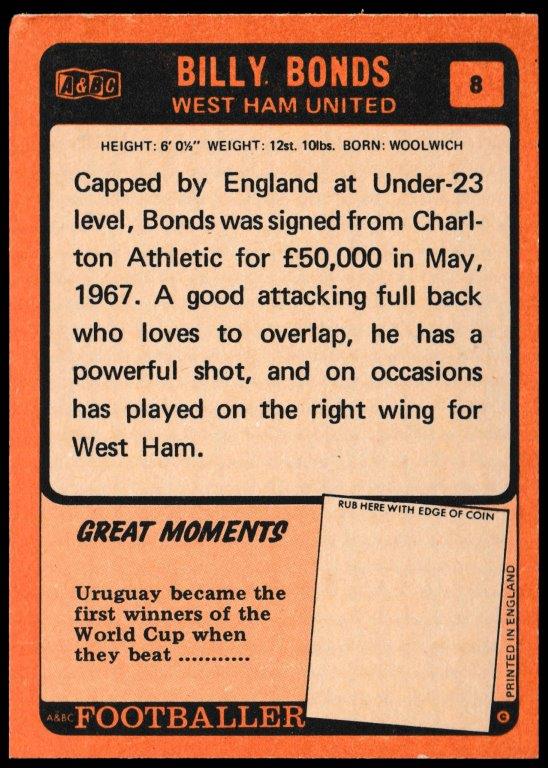 A&BC - 'Footballers (1970/71 - English Series 1)' - Card #8 - Billy Bonds (West Ham) A&BC - 'Footballers (1970/71 - English Series 1)' - Card #8 - Billy Bonds (West Ham)