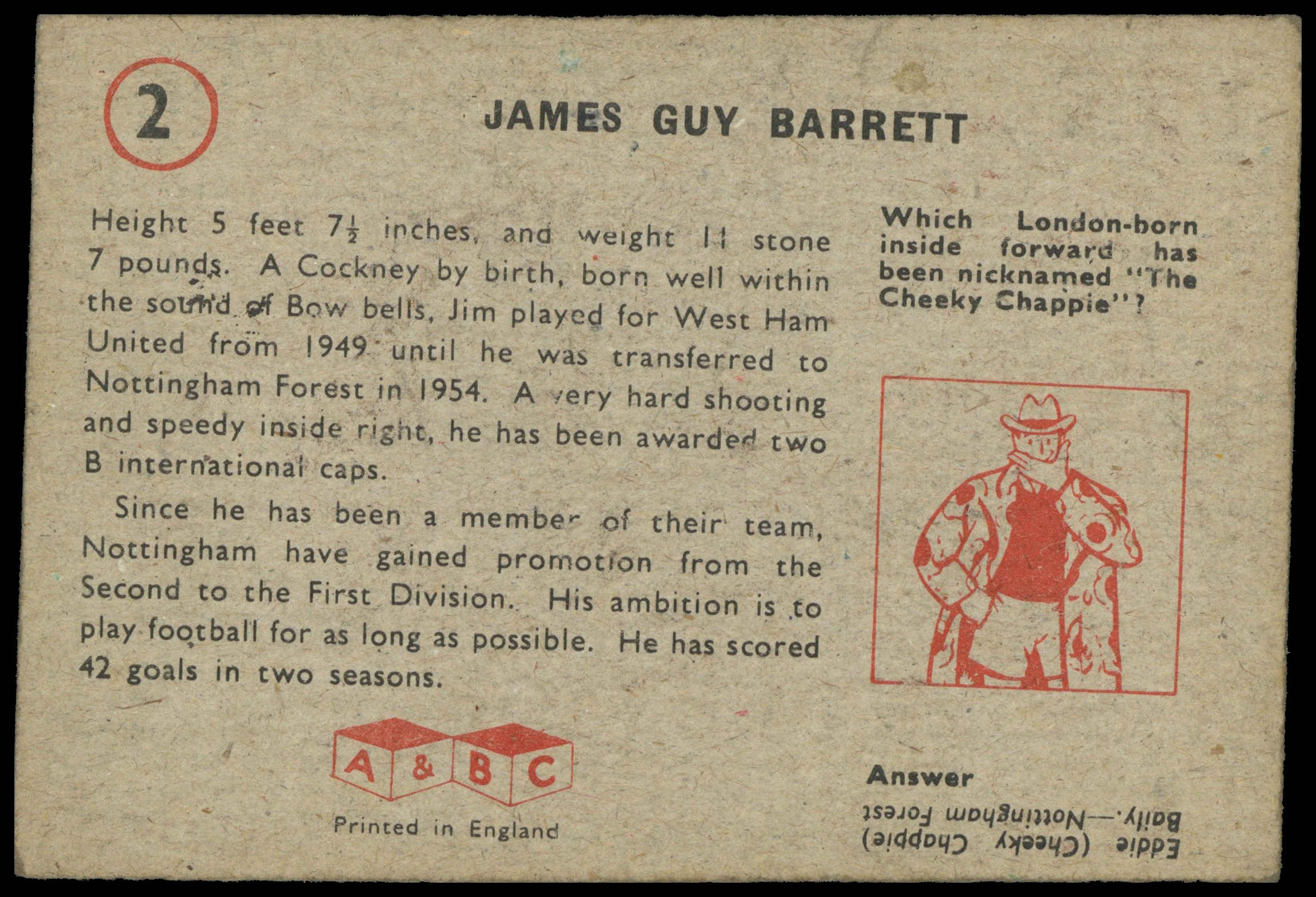 A&BC - 'Footballers (1958/59 Planet)' (1958) - James Guy (Notts Forest) A&BC - 'Footballers (1958/59 Planet)' (1958) - James Guy (Notts Forest)