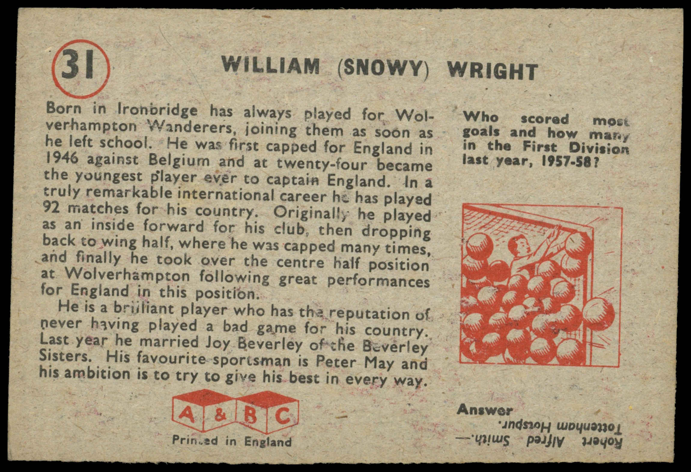 A&BC - 'Footballers (1958/59 Planet)' (1958) - William Wright (Wolves) A&BC - 'Footballers (1958/59 Planet)' (1958) - William Wright (Wolves)