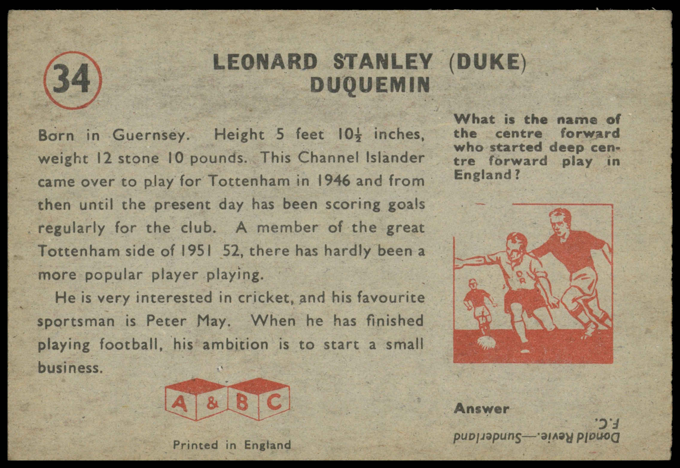A&BC - 'Footballers (1958/59 Planet)' (1958) - Leonard Duquemin (Spurs) A&BC - 'Footballers (1958/59 Planet)' (1958) - Leonard Duquemin (Spurs)
