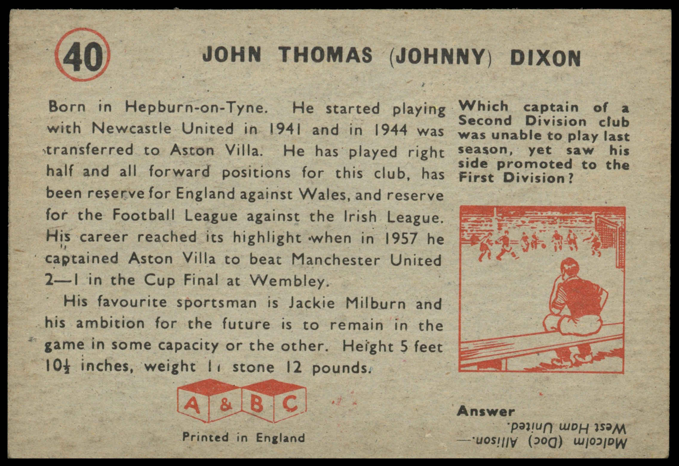 A&BC - 'Footballers (1958/59 Planet)' (1958) - John Dixon (Aston Villa) A&BC - 'Footballers (1958/59 Planet)' (1958) - John Dixon (Aston Villa)