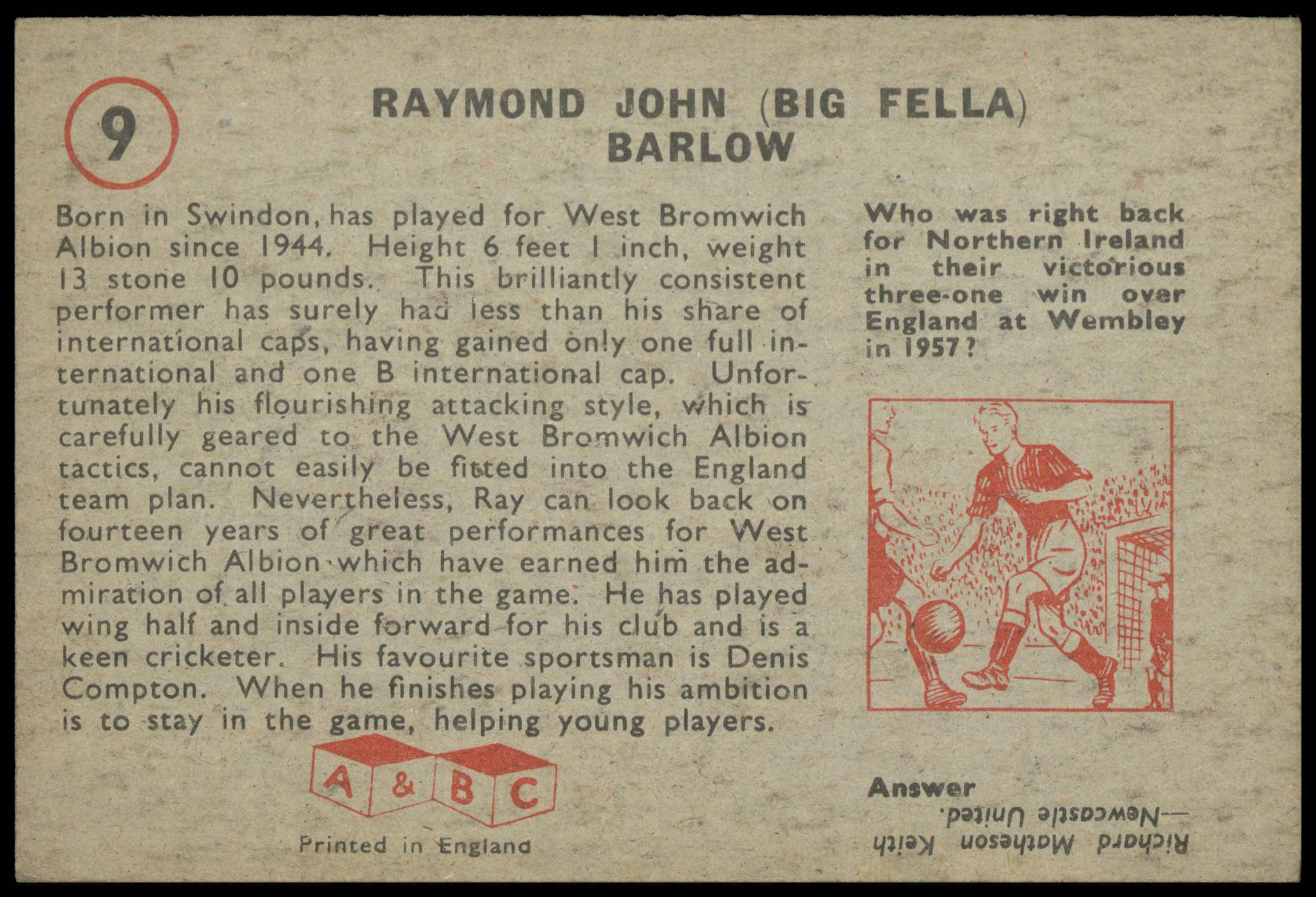A&BC - 'Footballers (1958/59 Planet)' (1958) - Raymond Barlow (West Brom) A&BC - 'Footballers (1958/59 Planet)' (1958) - Raymond Barlow (West Brom)