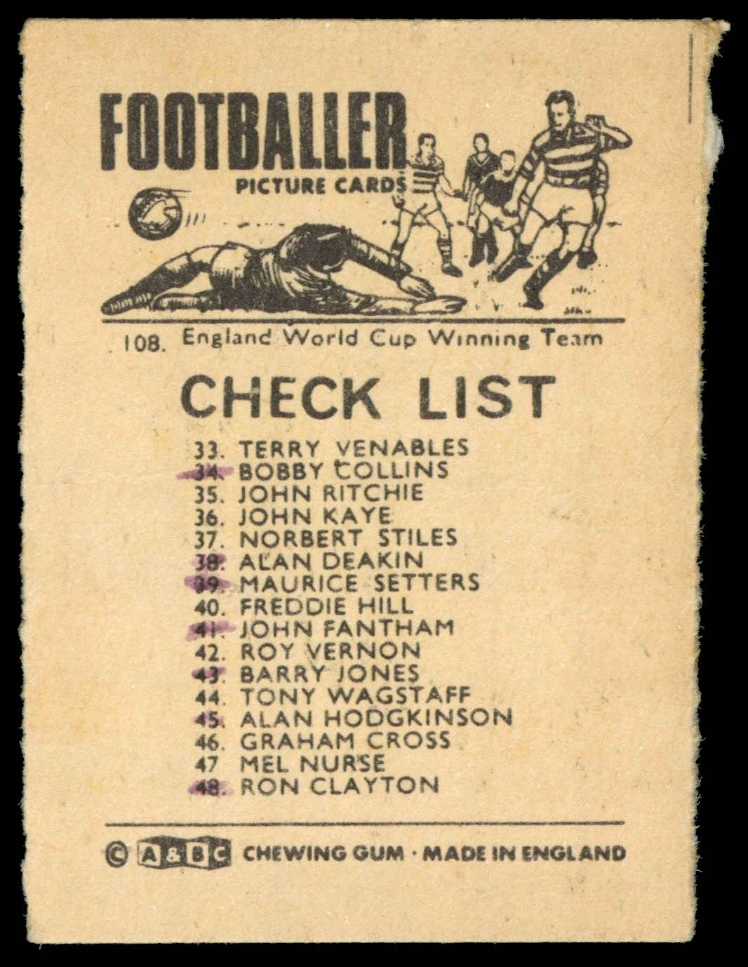 A&BC - 'Footballers 1966 S1' #108 - Checklist #6 (1966) A&BC - 'Footballers 1966 S1' #108 - Checklist #6 (1966)