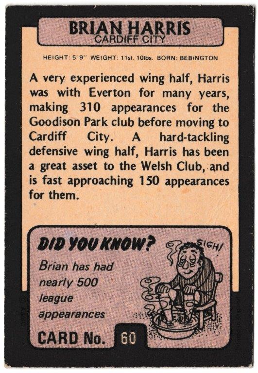 A&BC - 'Footballers (1971/72 - English Series 1)' (1971) - Card #60 - Brian Harris (Cardiff City) A&BC - 'Footballers (1971/72 - English Series 1)' (1971) - Card #60 - Brian Harris (Cardiff City)