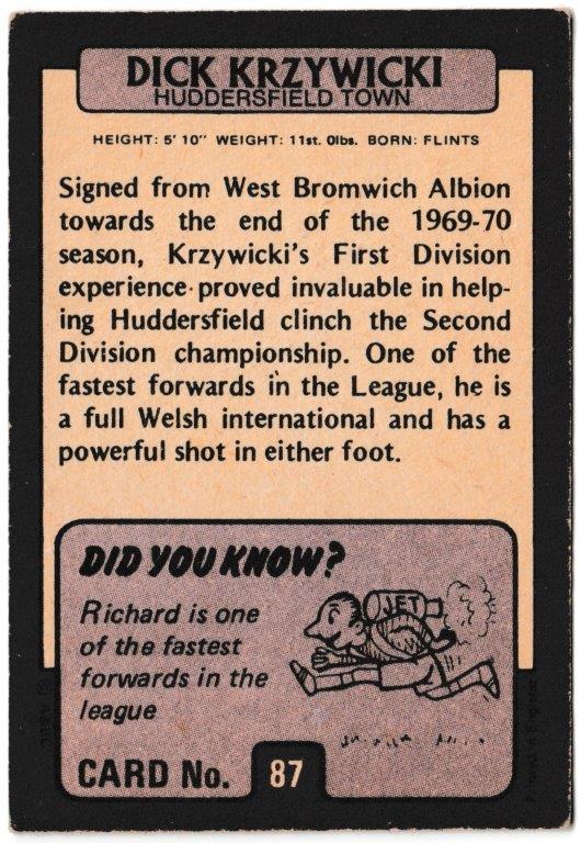 A&BC - 'Footballers (1971/72 - English Series 1)' (1971) - Card #87 - Dick Krzywicki (Huddersfield Town) A&BC - 'Footballers (1971/72 - English Series 1)' (1971) - Card #87 - Dick Krzywicki (Huddersfield Town)