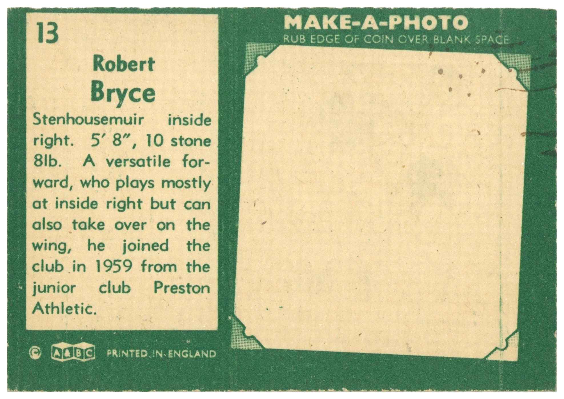 A&BC - Robert Bryce (Stenhousemuir) - 'Footballers (1963 Scottish)' - (1963) A&BC - Robert Bryce (Stenhousemuir) - 'Footballers (1963 Scottish)' - (1963)