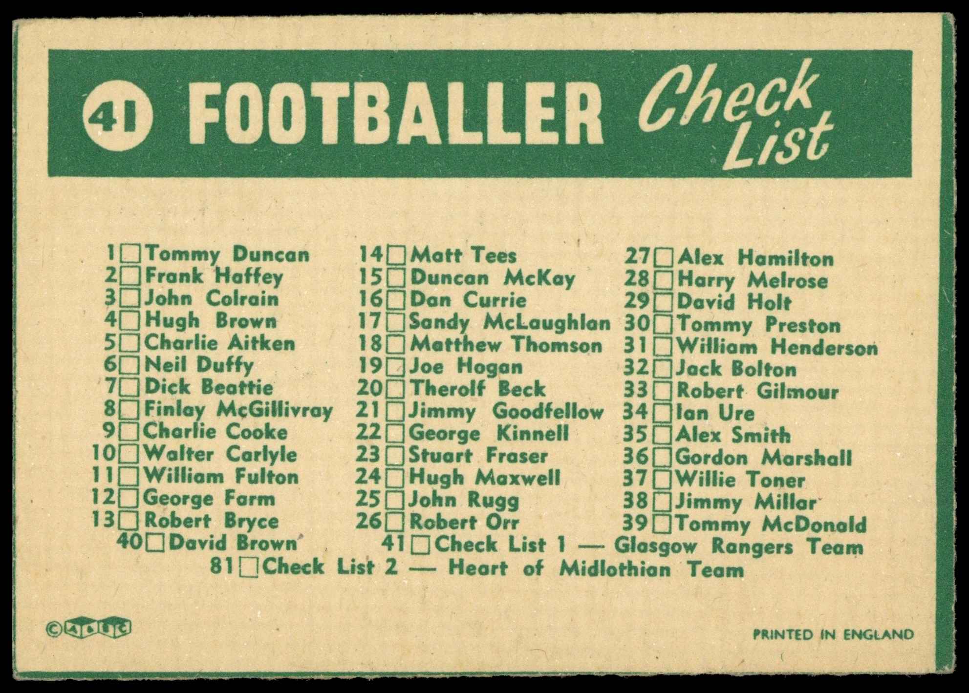 A&BC - Checklist - Rangers F.C. - Winners of Scottish Cup 1962-63 - 'Footballers (1963 Scottish)' - (1963) A&BC - Checklist - Rangers F.C. - Winners of Scottish Cup 1962-63 - 'Footballers (1963 Scottish)' - (1963)
