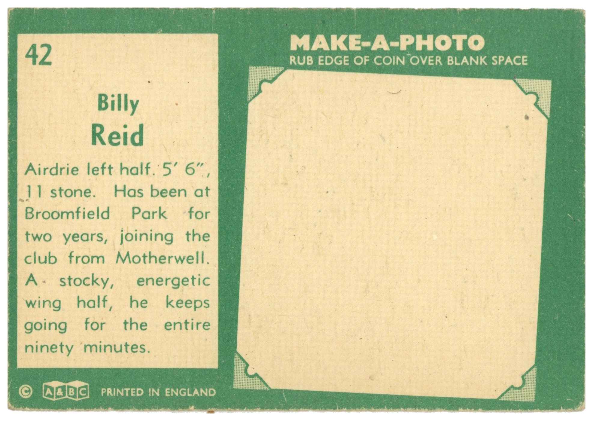 A&BC - Billy Reid (Airdrie) - 'Footballers (1963 Scottish)' - (1963) A&BC - Billy Reid (Airdrie) - 'Footballers (1963 Scottish)' - (1963)