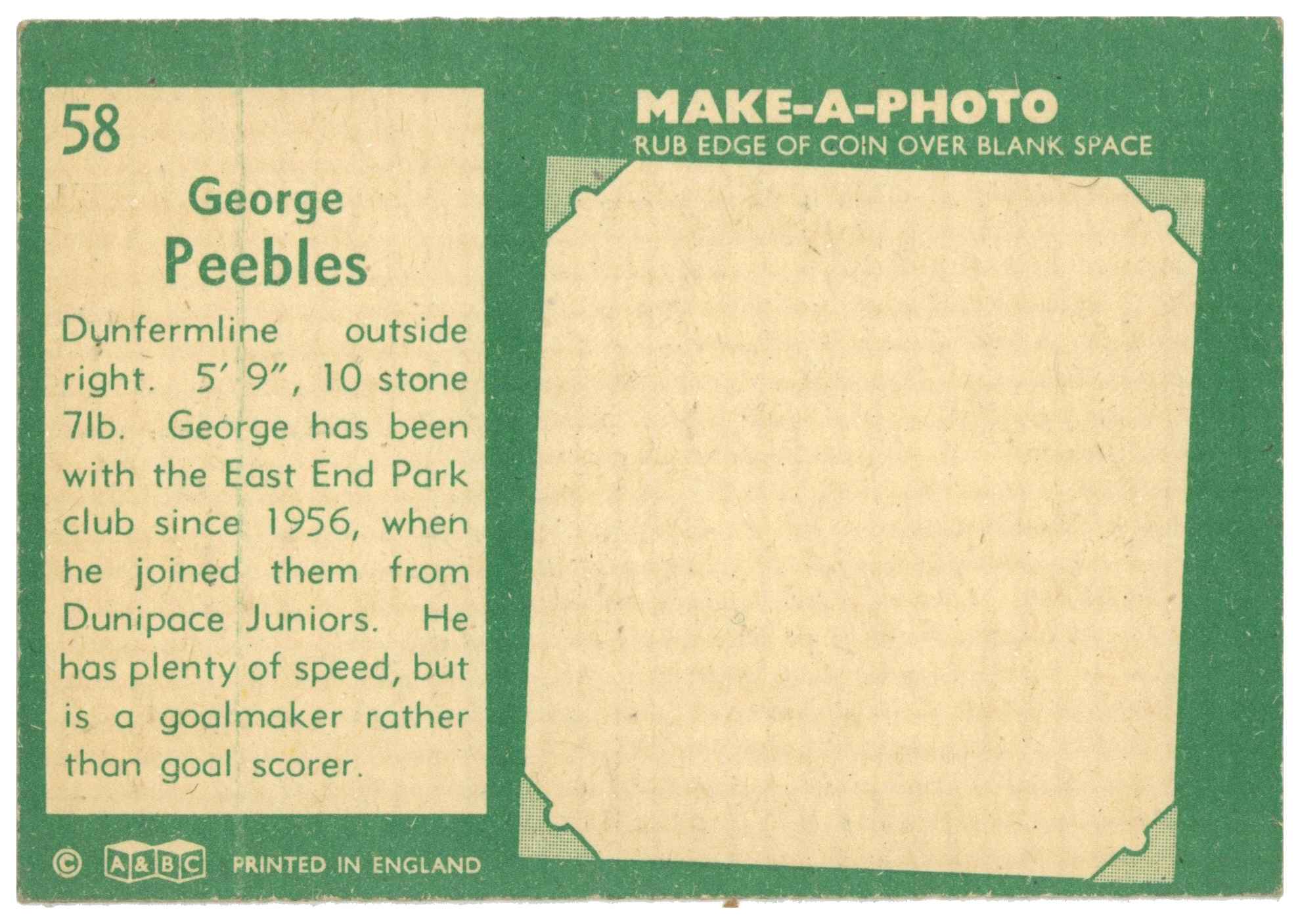 A&BC - George Peebles (Dunfermline Athletic) - 'Footballers (1963 Scottish)' - (1963) A&BC - George Peebles (Dunfermline Athletic) - 'Footballers (1963 Scottish)' - (1963)