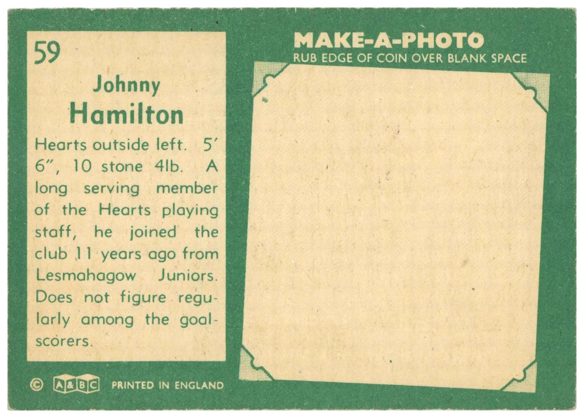A&BC - Johnny Hamilton (Hearts) - 'Footballers (1963 Scottish)' - (1963) A&BC - Johnny Hamilton (Hearts) - 'Footballers (1963 Scottish)' - (1963)
