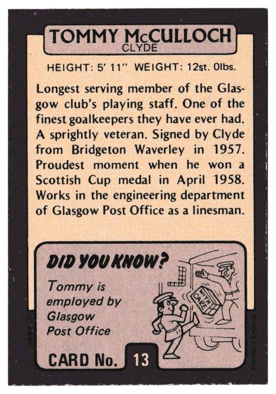 A&BC - 'Footballers (1971/72 - Scottish Series 1)' (1971) - Tommy McCulloch (Clyde) A&BC - 'Footballers (1971/72 - Scottish Series 1)' (1971) - Tommy McCulloch (Clyde)