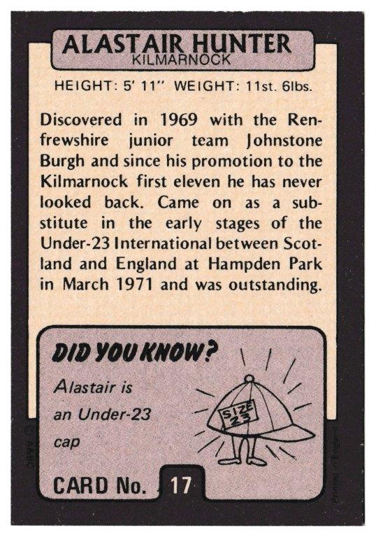 A&BC - 'Footballers (1971/72 - Scottish Series 1)' (1971) - Alastair Hunter (Kilmarnock) A&BC - 'Footballers (1971/72 - Scottish Series 1)' (1971) - Alastair Hunter (Kilmarnock)