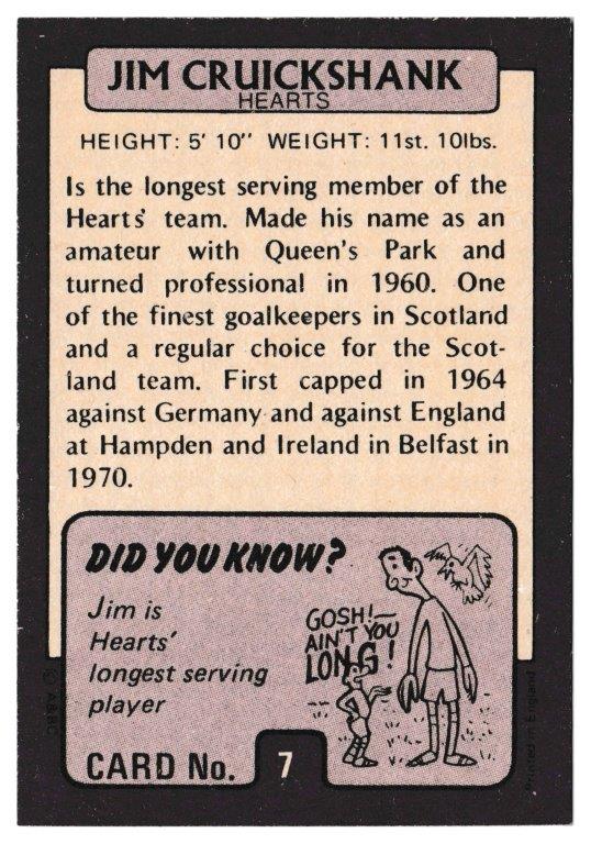 A&BC - 'Footballers (1971/72 - Scottish Series 1)' (1971) - Jim Cruickshank (Hearts) A&BC - 'Footballers (1971/72 - Scottish Series 1)' (1971) - Jim Cruickshank (Hearts)