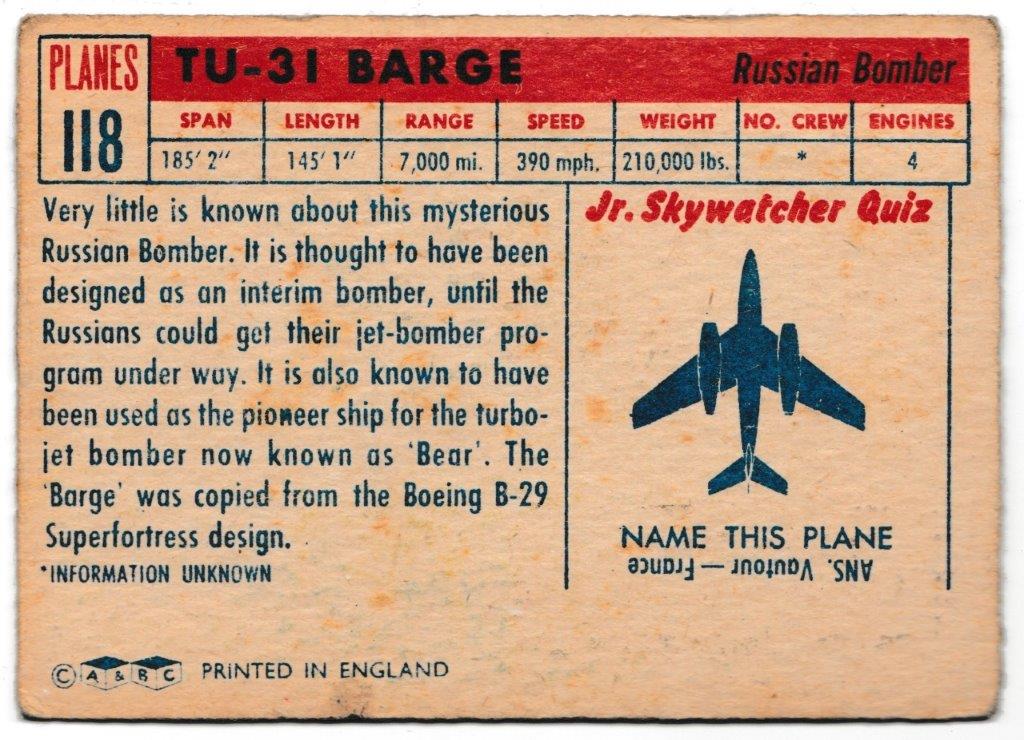 A&BC - 'Planes (B)' (1958) - Card #118 - TU-31 Barge A&BC - 'Planes (B)' (1958) - Card #118 - TU-31 Barge