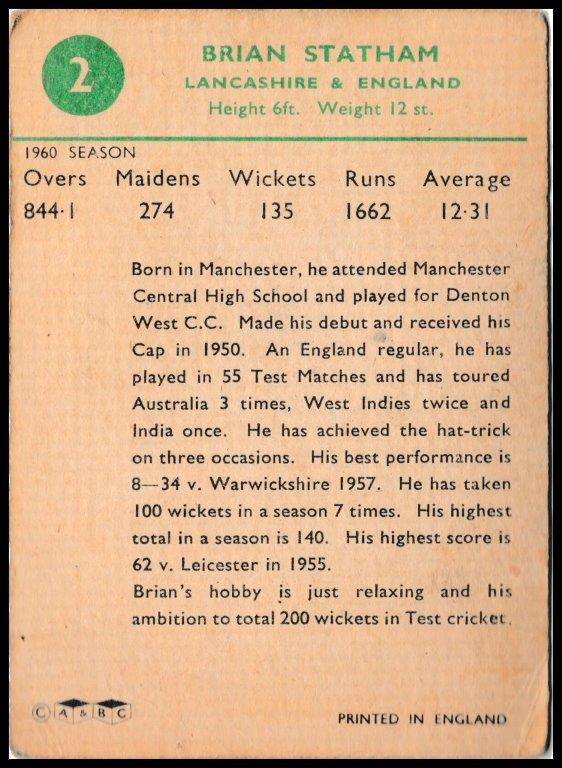 A&BC - Brian Statham (Lancs) - 'Cricketers 1961 (90 x 64)' - (1961) A&BC - Brian Statham (Lancs) - 'Cricketers 1961 (90 x 64)' - (1961)