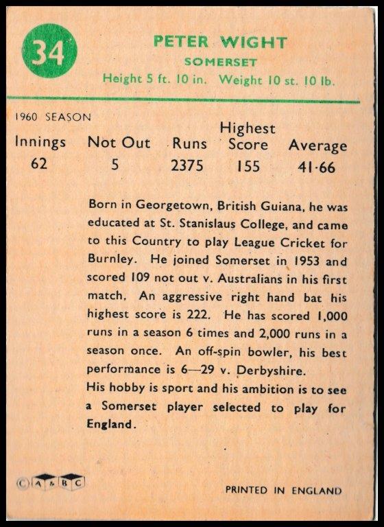 A&BC - Peter Wright (Somerset) - 'Cricketers 1961 (90 x 64)' - (1961) A&BC - Peter Wright (Somerset) - 'Cricketers 1961 (90 x 64)' - (1961)