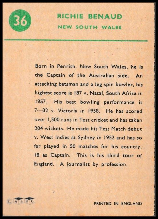A&BC - Richie Benaud (NSW) - 'Cricketers 1961 (90 x 64)' - (1961) A&BC - Richie Benaud (NSW) - 'Cricketers 1961 (90 x 64)' - (1961)