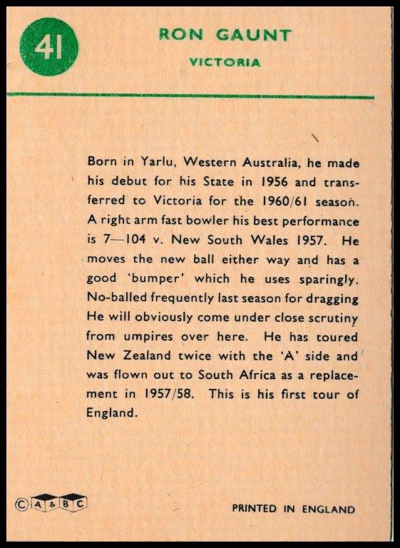 A&BC - Ron Gaunt (Victoria) - 'Cricketers 1961 (90 x 64)' - (1961) A&BC - Ron Gaunt (Victoria) - 'Cricketers 1961 (90 x 64)' - (1961)