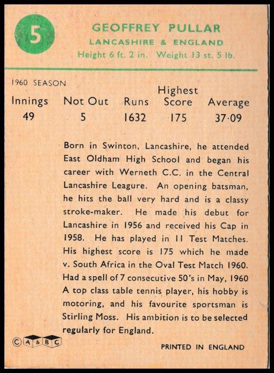 A&BC - Geoffrey Pullar (Lancs) - 'Cricketers 1961 (90 x 64)' - (1961) A&BC - Geoffrey Pullar (Lancs) - 'Cricketers 1961 (90 x 64)' - (1961)
