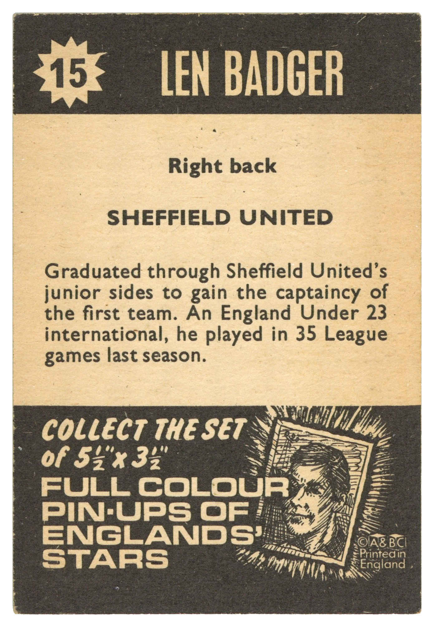 A&BC - 'Football Star Players' (1967) - Len Badger (Sheffield United) A&BC - 'Football Star Players' (1967) - Len Badger (Sheffield United)