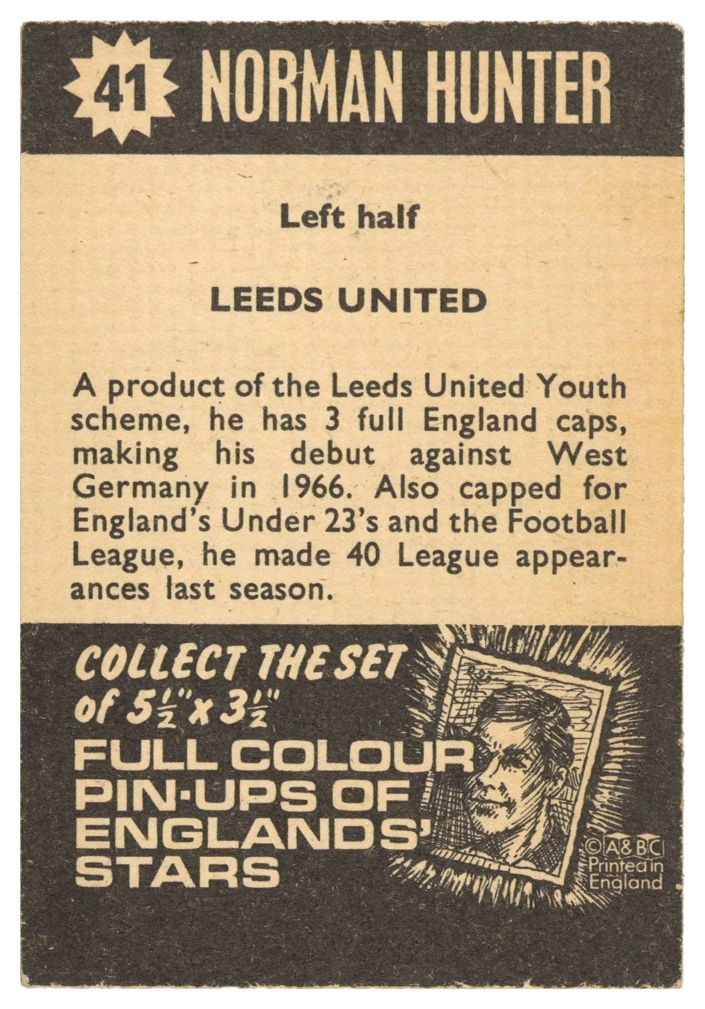 A&BC - 'Football Star Players' (1967) - Norman Hunter (Leeds United) A&BC - 'Football Star Players' (1967) - Norman Hunter (Leeds United)