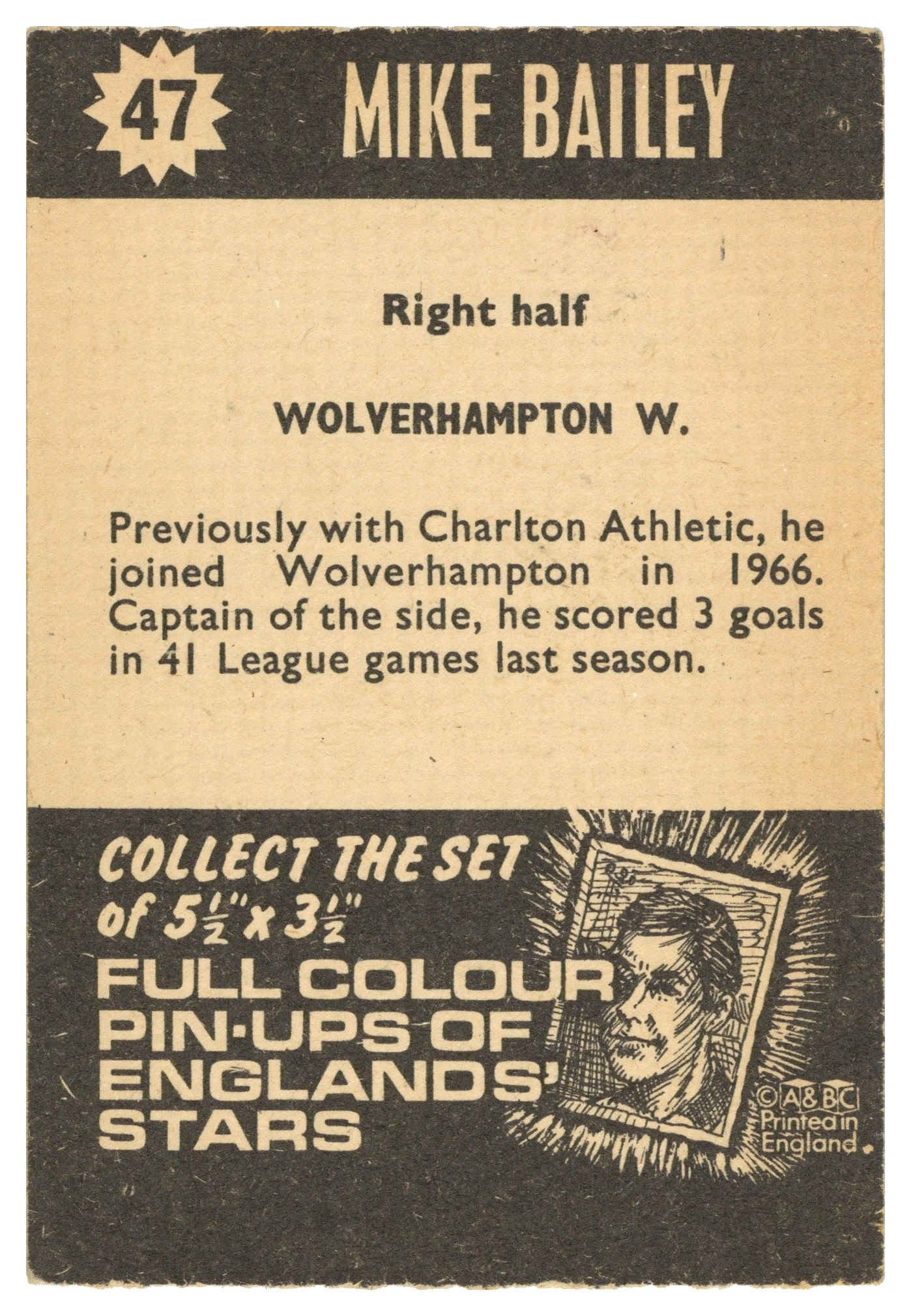 A&BC - 'Football Star Players' (1967) - Mike Bailey (Wolverhampton Wanderers) A&BC - 'Football Star Players' (1967) - Mike Bailey (Wolverhampton Wanderers)
