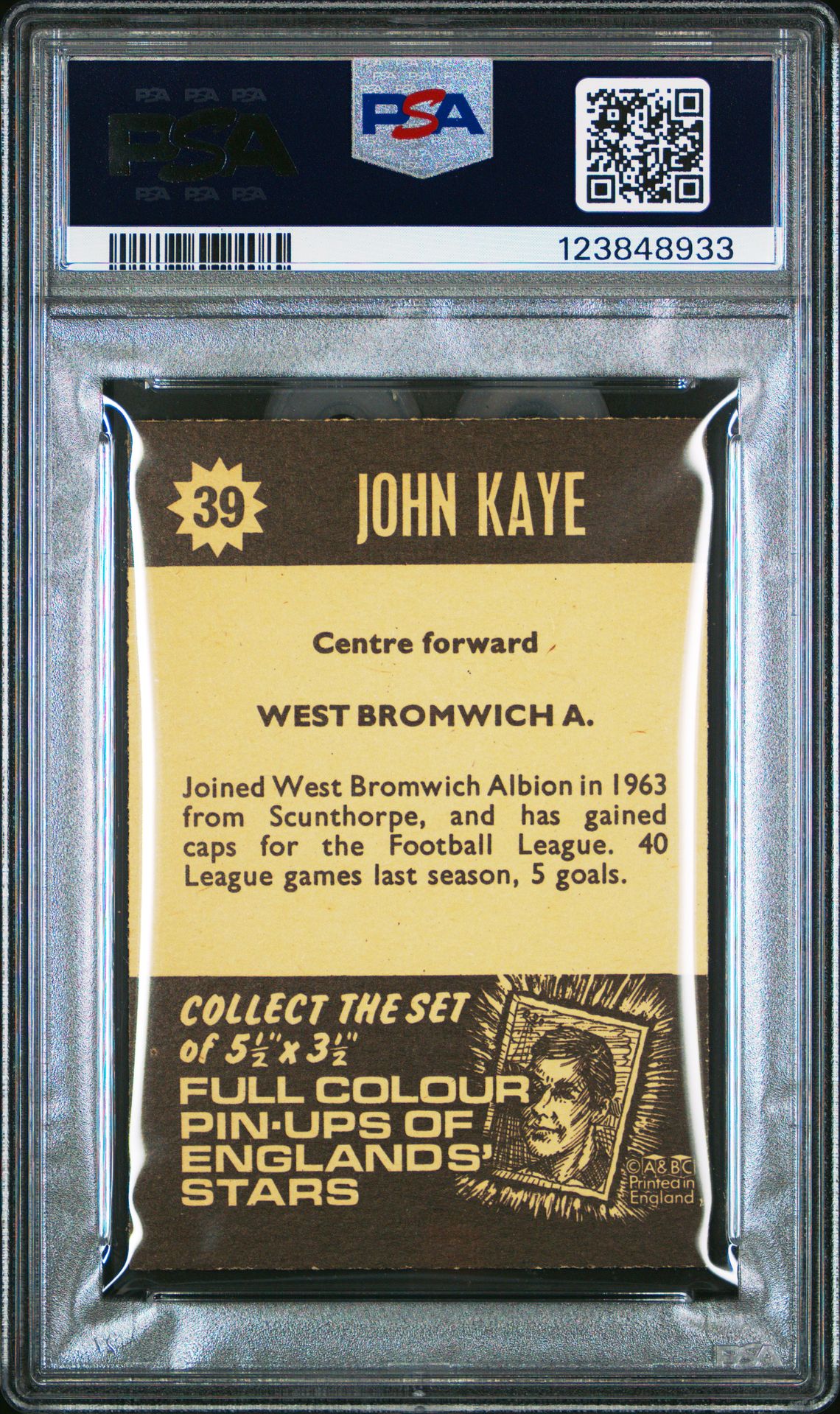 A&BC - 'Football Star Players' (1967) - John Kaye (West Bromwich Albion) **PSA8** A&BC - 'Football Star Players' (1967) - John Kaye (West Bromwich Albion) **PSA8**