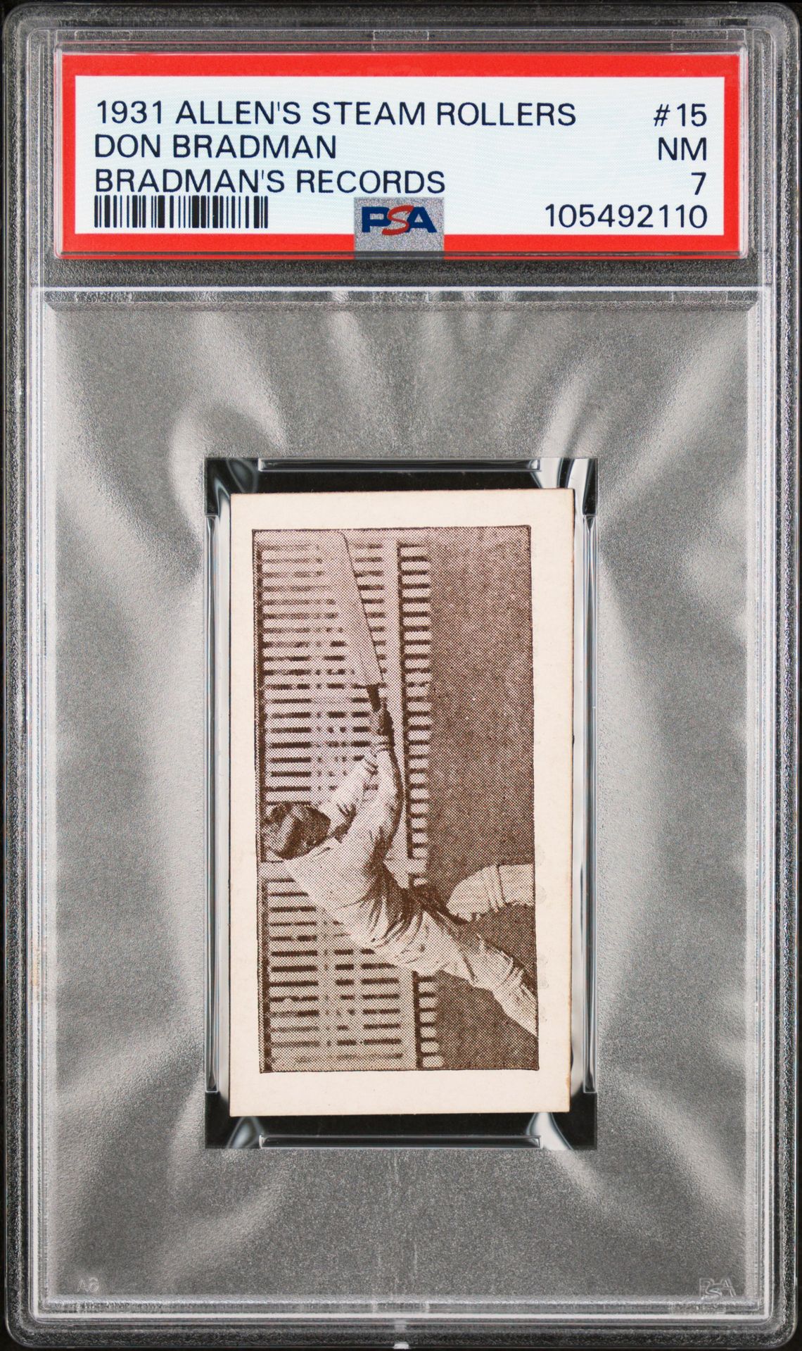 Allen's - 'Bradmans Records S1' (1931) - Bare Head. Playing Forward. Card in Horizontal Format. **PSA7** Allen's - 'Bradmans Records S1' (1931) - Bare Head. Playing Forward. Card in Horizontal Format. **PSA7**