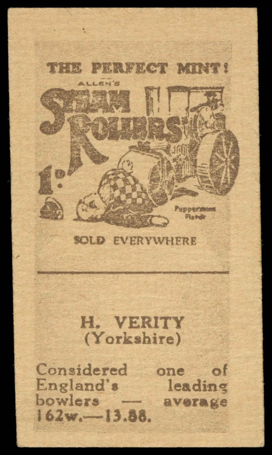Allen's - H. Verity - 'Cricketers (Steam Rollers 1932)' (1932) Allen's - H. Verity - 'Cricketers (Steam Rollers 1932)' (1932)