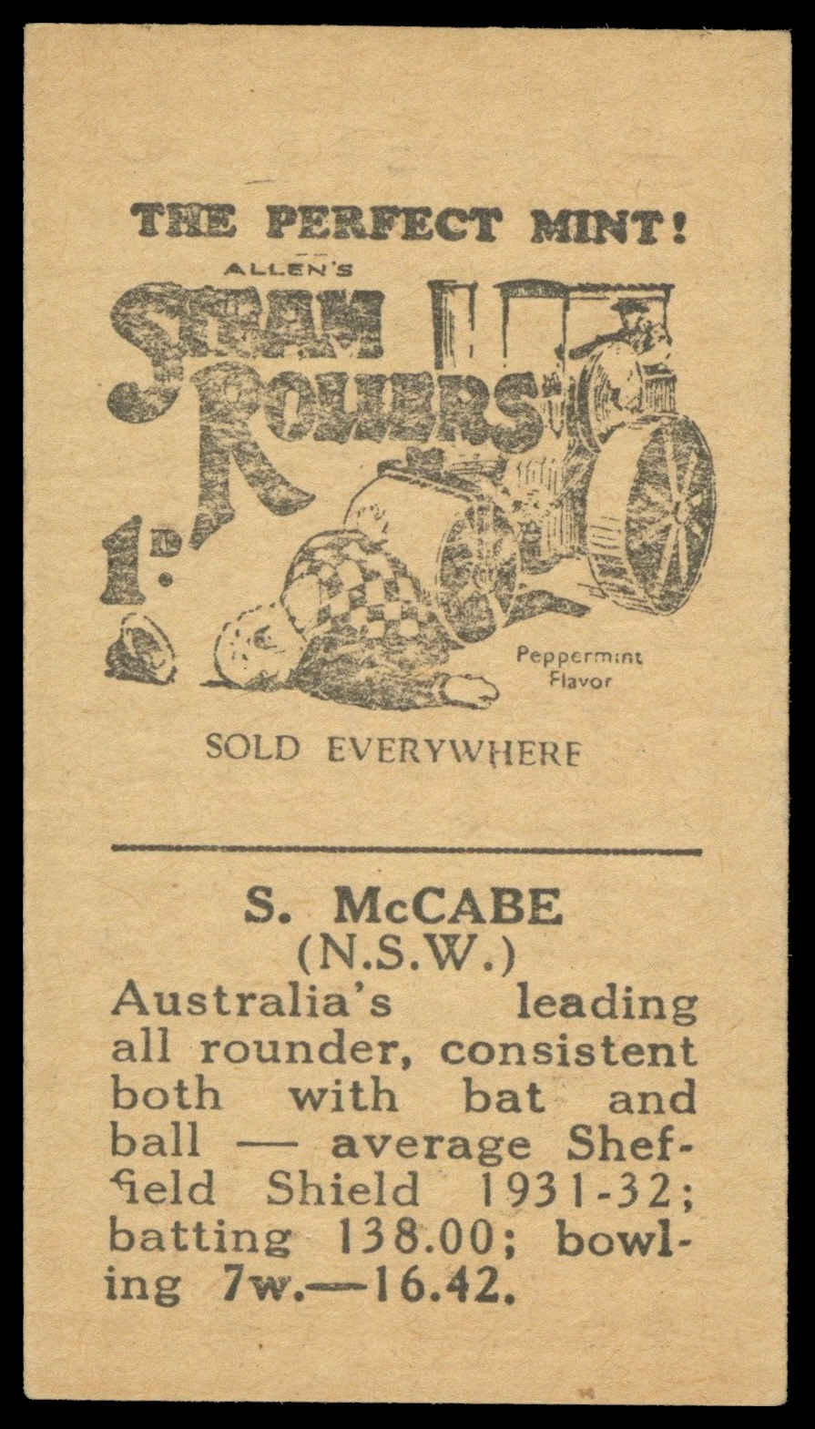 Allen's - S. McCabe - 'Cricketers (Steam Rollers 1932)' (1932) Allen's - S. McCabe - 'Cricketers (Steam Rollers 1932)' (1932)