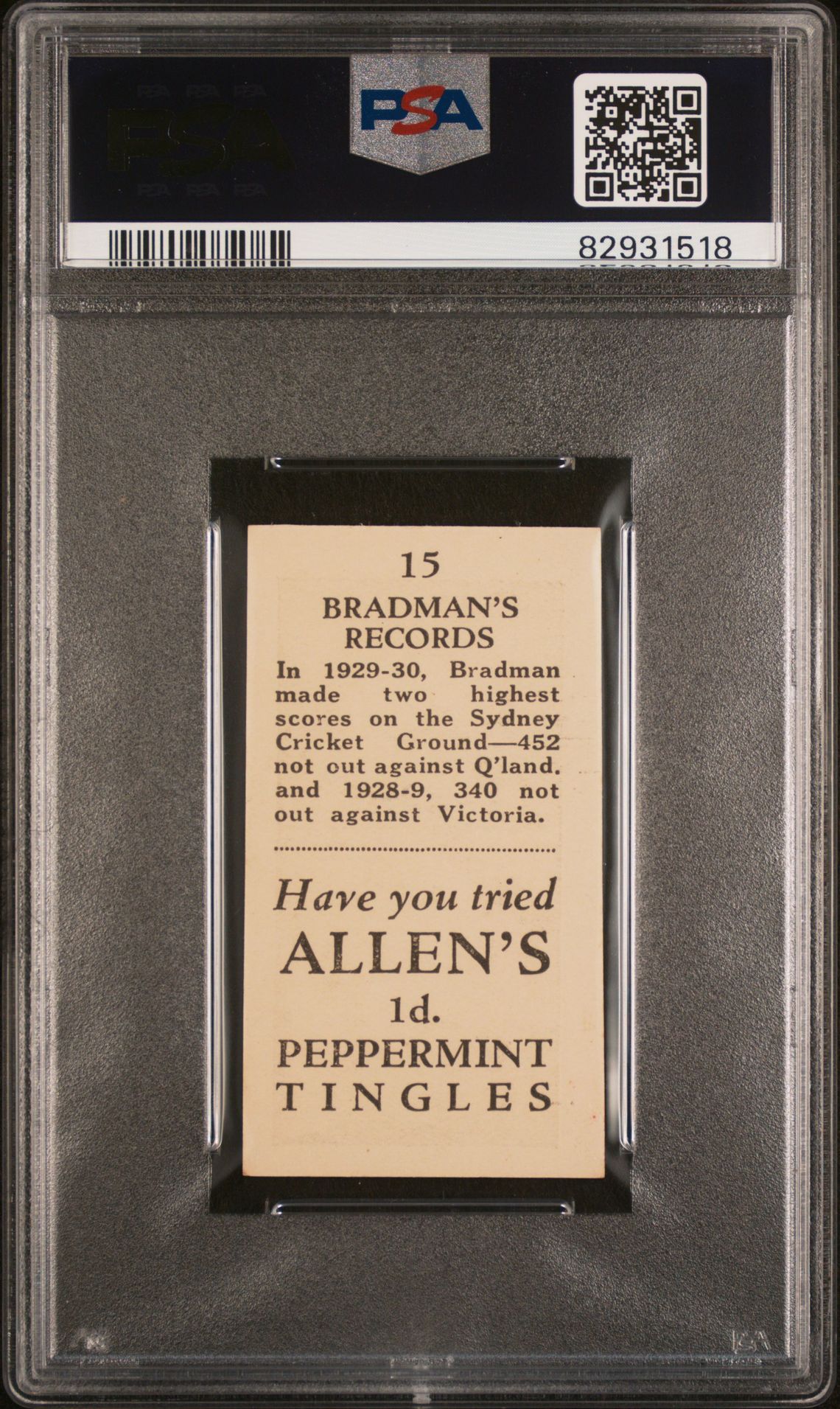 Allen's - Bradmans Records (Grey) '452 Not Out' **PSA6** (1931) Allen's - Bradmans Records (Grey) '452 Not Out' **PSA6** (1931)