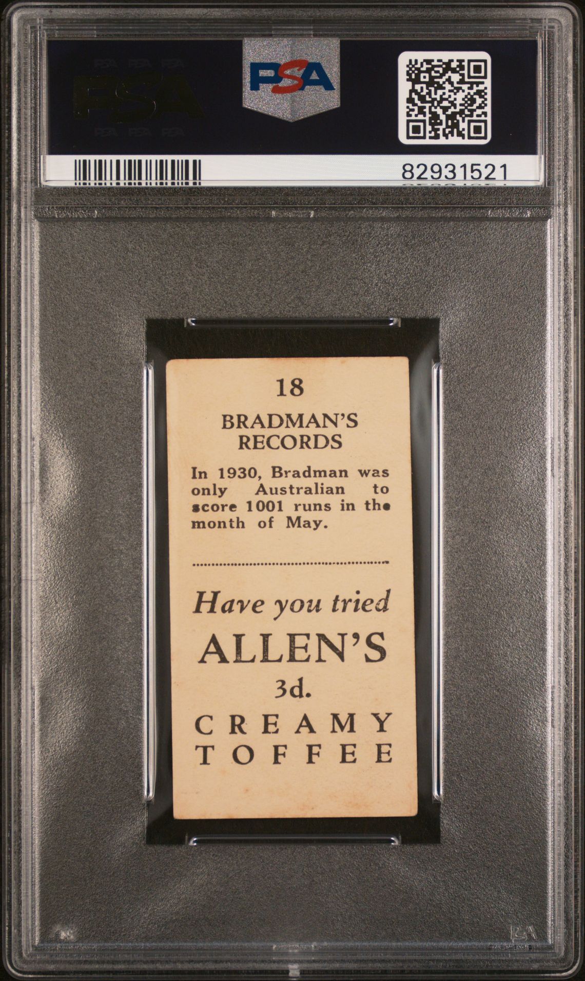 Allen's - Bradmans Records (Grey) '1001 Runs in Month of May' **PSA2** (1931) Allen's - Bradmans Records (Grey) '1001 Runs in Month of May' **PSA2** (1931)
