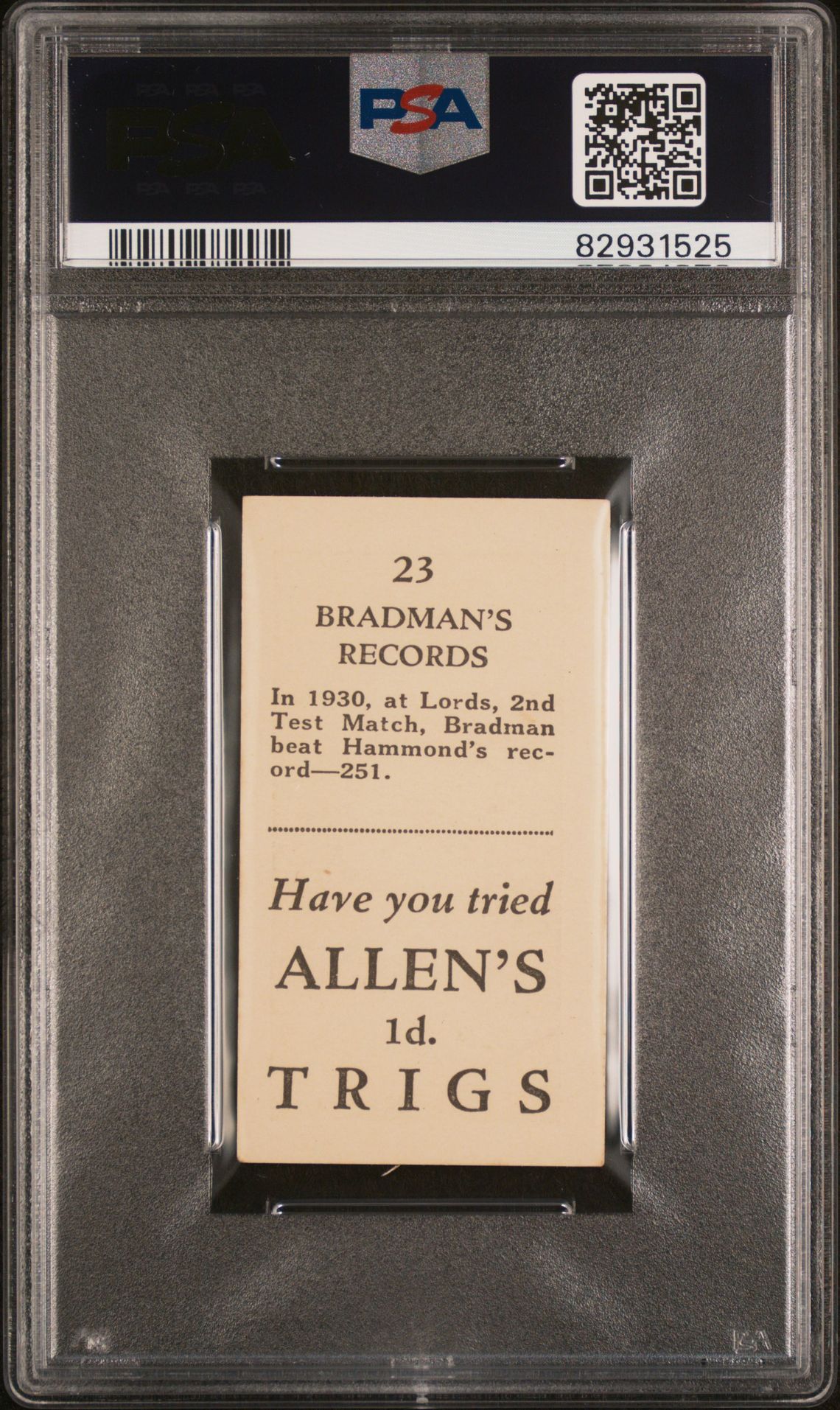 Allen's - Bradmans Records (Grey) 'Beats Hammonds Record of 251' **PSA6** (1931) Allen's - Bradmans Records (Grey) 'Beats Hammonds Record of 251' **PSA6** (1931)