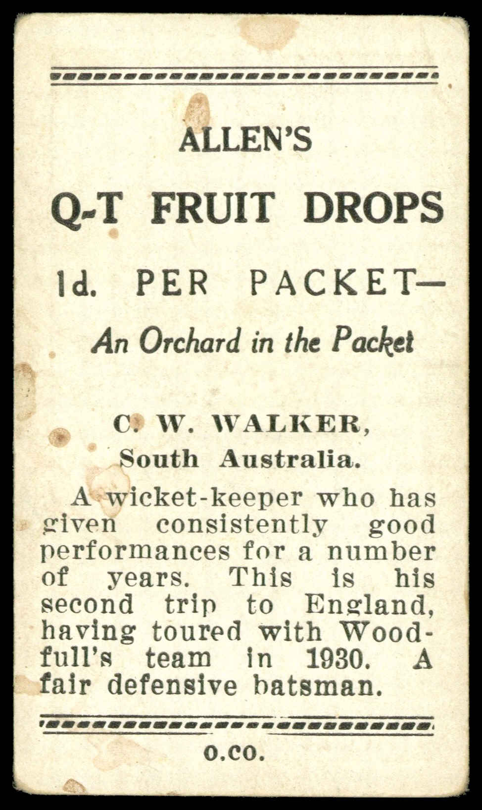 Allen's - 'Cricketers (Q-T Fruit)' (1938) - C.W. Walker (South Australia) Allen's - 'Cricketers (Q-T Fruit)' (1938) - C.W. Walker (South Australia)