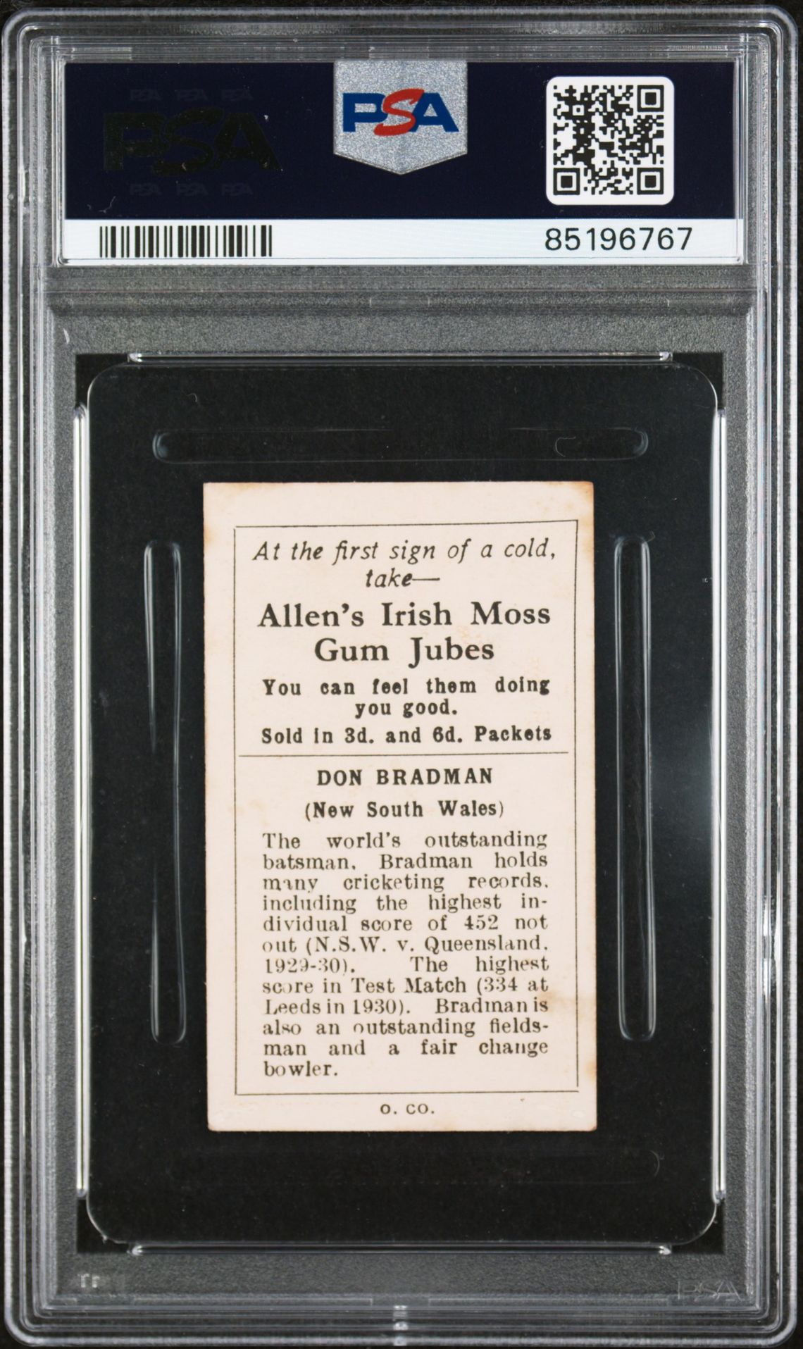 Allen's - Don Bradman (South Australia) 'Cricketers (Irish Moss)' (1938) **PSA3** Allen's - Don Bradman (South Australia) 'Cricketers (Irish Moss)' (1938) **PSA3**